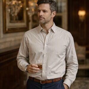 STRUCTURE Premium Woven Mens Tan White Stripe Long Sleeve‎ Button Up Shirt XXL